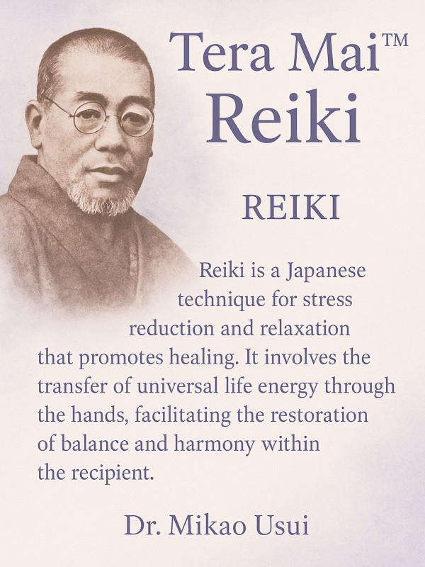 Portrait of Dr. Mikao Usui with description of Reiki as a Japanese healing technique for stress reduction, featuring the title Tera Mai™ Reiki